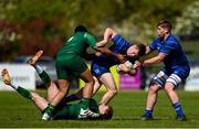 10 May 2025; Matt McKenna of Leinster is tackled by Shane Purcell and Nato Kiripati of Connacht during the Junior Interprovincial Rugby Championship Round 2 match between Leinster and Connacht at Balbriggan RFC in Balbriggan, Dublin. Photo by Matt Browne/Sportsfile