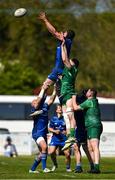 10 May 2025; Jake Caldbeck of Leinster takes the ball in the lineout against Connacht during the Junior Interprovincial Rugby Championship Round 2 match between Leinster and Connacht at Balbriggan RFC in Balbriggan, Dublin. Photo by Matt Browne/Sportsfile
