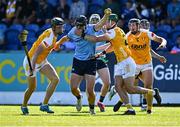 10 May 2025; Ronan Hayes of Dublin in action against Stephen Rooney, right, and Joe Maskey of Antrim during the Leinster GAA Hurling Senior Championship Round 3 match between Antrim and Dublin at Corrigan Park in Belfast. Photo by Tyler Miller/Sportsfile