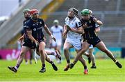10 May 2025; Padraic Mannion of Galway is tackled by Richie Lawlor of Wexford during the Leinster GAA Hurling Senior Championship Round 3 match between Galway and Wexford at Pearse Stadium in Galway. Photo by Piaras Ó Mídheach/Sportsfile