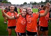 10 May 2025; Clodagh McCambridge, left, and Emily Druse of Armagh celebrate after the TG4 Ulster LGFA Senior Football Championship final match between Armagh and Donegal at St Tiernach's Park in Clones, Monaghan. Photo by David Fitzgerald/Sportsfile