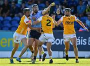 10 May 2025; Ronan Hayes of Dublin in action against Stephen Rooney, right, and Joe Maskey of Antrim during the Leinster GAA Hurling Senior Championship Round 3 match between Antrim and Dublin at Corrigan Park in Belfast. Photo by Tyler Miller/Sportsfile