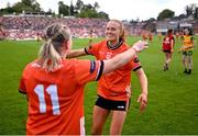 10 May 2025; Blaithin Mackin, right, and Aoife McCoy of Armagh celebrate after the TG4 Ulster LGFA Senior Football Championship final match between Armagh and Donegal at St Tiernach's Park in Clones, Monaghan. Photo by David Fitzgerald/Sportsfile