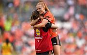 10 May 2025; Blaithin Mackin of Armagh celebrates with her sister Aimee afer the TG4 Ulster LGFA Senior Football Championship final match between Armagh and Donegal at St Tiernach's Park in Clones, Monaghan. Photo by Ramsey Cardy/Sportsfile