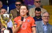 10 May 2025; Uachtarán Chumann Lúthchleas Gael Jarlath Burns and Armagh captain Clodagh McCambridge during the TG4 Ulster LGFA Senior Football Championship final match between Armagh and Donegal at St Tiernach's Park in Clones, Monaghan. Photo by Ramsey Cardy/Sportsfile
