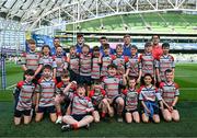 10 May 2025; Bank of Ireland Flag Bearers from Mullingar RFC with Leinster players Dan Sheehan, Cormac Foley and Paddy McCarthy before the United Rugby Championship match between Leinster and Zebre Parma at the Aviva Stadium in Dublin. Photo by Brendan Moran/Sportsfile