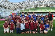 10 May 2025; Bank of Ireland Flag Bearers from Roscrea RFC with Leinster players Dan Sheehan, Cormac Foley and Paddy McCarthy before the United Rugby Championship match between Leinster and Zebre Parma at the Aviva Stadium in Dublin. Photo by Brendan Moran/Sportsfile