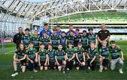 10 May 2025; Bank of Ireland Flag Bearers from Seapoint RFC with Leinster players Dan Sheehan, Cormac Foley and Paddy McCarthy before the United Rugby Championship match between Leinster and Zebre Parma at the Aviva Stadium in Dublin. Photo by Brendan Moran/Sportsfile