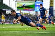 10 May 2025; Luke McGrath of Leinster scores his side's second try during the United Rugby Championship match between Leinster and Zebre Parma at the Aviva Stadium in Dublin. Photo by Seb Daly/Sportsfile