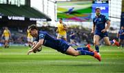 10 May 2025; Luke McGrath of Leinster scores his side's second try during the United Rugby Championship match between Leinster and Zebre Parma at the Aviva Stadium in Dublin. Photo by Seb Daly/Sportsfile