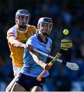 10 May 2025; Brian Hayes of Dublin in action against Sean McKay of Antrim during the Leinster GAA Hurling Senior Championship Round 3 match between Antrim and Dublin at Corrigan Park in Belfast. Photo by Tyler Miller/Sportsfile