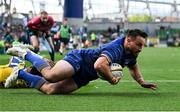 10 May 2025; Rónan Kelleher of Leinster beats the tackle  of Fetuli Paea of Zebre Parma on the way to scoring his side's frst try during the United Rugby Championship match between Leinster and Zebre Parma at the Aviva Stadium in Dublin. Photo by Brendan Moran/Sportsfile