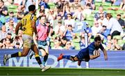 10 May 2025; Luke McGrath of Leinster scores his side's second try during the United Rugby Championship match between Leinster and Zebre Parma at the Aviva Stadium in Dublin. Photo by Brendan Moran/Sportsfile
