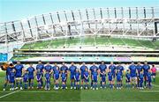 10 May 2025; Leinster mascot Leo the Lion, far left, with the Leinster team and mascots before the United Rugby Championship match between Leinster and Zebre Parma at the Aviva Stadium in Dublin. Photo by Brendan Moran/Sportsfile