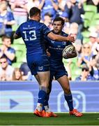 10 May 2025; Luke McGrath of Leinster celebrates with teammate Garry Ringrose, 13 after scoring their side's second try during the United Rugby Championship match between Leinster and Zebre Parma at the Aviva Stadium in Dublin. Photo by Brendan Moran/Sportsfile