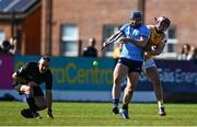 10 May 2025; Conor Burke of Dublin has a pass blocked by Eoghan Campbell of Antrim as referee Liam Gordon ducks out of the way during the Leinster GAA Hurling Senior Championship Round 3 match between Antrim and Dublin at Corrigan Park in Belfast. Photo by Tyler Miller/Sportsfile