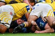 10 May 2025; Ryan Baird of Leinster, left, celebrates after scoring his side's third try during the United Rugby Championship match between Leinster and Zebre Parma at the Aviva Stadium in Dublin. Photo by Seb Daly/Sportsfile