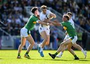 10 May 2025; Darragh Kirwan of Kildare in action against Mark Diffley, left, and Keith Keegan of Leitrim during the Táilteann Cup Round 1 match between Kildare and Leitrim at Cedral St Conleth's Park in Newbridge, Kildare. Photo by Daire Brennan/Sportsfile