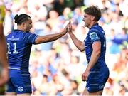 10 May 2025; Jordie Barrett of Leinster, right, celebrates with teammate James Lowe after scoring their side's second try during the United Rugby Championship match between Leinster and Zebre Parma at the Aviva Stadium in Dublin. Photo by Brendan Moran/Sportsfile