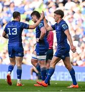 10 May 2025; Jordie Barrett of Leinster, right, celebrates with teammate Garry Ringrose after scoring their side's second try during the United Rugby Championship match between Leinster and Zebre Parma at the Aviva Stadium in Dublin. Photo by Brendan Moran/Sportsfile