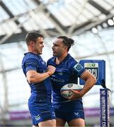 10 May 2025; James Lowe of Leinster celebrates with teammate Garry Ringrose after scoring their side's sixth try during the United Rugby Championship match between Leinster and Zebre Parma at the Aviva Stadium in Dublin. Photo by Seb Daly/Sportsfile