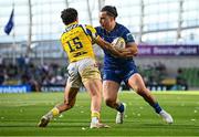 10 May 2025; James Lowe of Leinster in action against Jacopo Trulla of Zebre Parma during the United Rugby Championship match between Leinster and Zebre Parma at the Aviva Stadium in Dublin. Photo by Seb Daly/Sportsfile