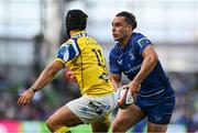 10 May 2025; James Lowe of Leinster in action against Simone Gesi of Zebre Parma during the United Rugby Championship match between Leinster and Zebre Parma at the Aviva Stadium in Dublin. Photo by Brendan Moran/Sportsfile