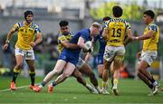 10 May 2025; Jamie Osborne of Leinster is tackled by Fetuli Paea of Zebre Parma during the United Rugby Championship match between Leinster and Zebre Parma at the Aviva Stadium in Dublin. Photo by Brendan Moran/Sportsfile