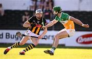 10 May 2025; TJ Reid of Kilkenny is tackled by Ben Conneely of Offaly during the Leinster GAA Hurling Senior Championship Round 3 match between Kilkenny and Offaly at UPMC Nowlan Park in Kilkenny. Photo by Ben McShane/Sportsfile
