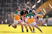 10 May 2025; David Blanchfield of Kilkenny is tackled by Jason Sampson, left, and Colin Spain of Offaly during the Leinster GAA Hurling Senior Championship Round 3 match between Kilkenny and Offaly at UPMC Nowlan Park in Kilkenny. Photo by Ben McShane/Sportsfile