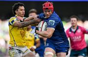 10 May 2025; Josh van der Flier of Leinster holds off Jacopo Trulla of Zebre Parma on the way to scoring his side's eighth try during the United Rugby Championship match between Leinster and Zebre Parma at the Aviva Stadium in Dublin. Photo by Brendan Moran/Sportsfile