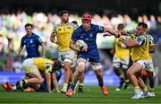 10 May 2025; Josh van der Flier of Leinster holds off Muhamed Hasa of Zebre Parma on the way to scoring his side's eighth try during the United Rugby Championship match between Leinster and Zebre Parma at the Aviva Stadium in Dublin. Photo by Brendan Moran/Sportsfile