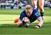 10 May 2025; Jamie Osborne of Leinster scores his side's ninth try during the United Rugby Championship match between Leinster and Zebre Parma at the Aviva Stadium in Dublin. Photo by Seb Daly/Sportsfile