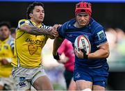 10 May 2025; Josh van der Flier of Leinster holds off Jacopo Trulla of Zebre Parma on the way to scoring his side's eighth try during the United Rugby Championship match between Leinster and Zebre Parma at the Aviva Stadium in Dublin. Photo by Brendan Moran/Sportsfile