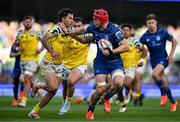 10 May 2025; Josh van der Flier of Leinster holds off Jacopo Trulla of Zebre Parma on the way to scoring his side's eighth try during the United Rugby Championship match between Leinster and Zebre Parma at the Aviva Stadium in Dublin. Photo by Brendan Moran/Sportsfile