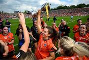 10 May 2025; Armagh captain Clodagh McCambridge celebrates with the trophy after the TG4 Ulster LGFA Senior Football Championship final match between Armagh and Donegal at St Tiernach's Park in Clones, Monaghan. Photo by Ramsey Cardy/Sportsfile