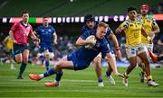10 May 2025; Ciarán Frawley of Leinster scores his side's 10th try during the United Rugby Championship match between Leinster and Zebre Parma at the Aviva Stadium in Dublin. Photo by Seb Daly/Sportsfile