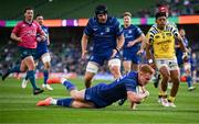 10 May 2025; Ciarán Frawley of Leinster scores his side's 10th try during the United Rugby Championship match between Leinster and Zebre Parma at the Aviva Stadium in Dublin. Photo by Seb Daly/Sportsfile