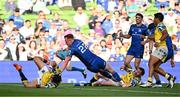 10 May 2025; Ciarán Frawley of Leinster scores his side's 10th try during the United Rugby Championship match between Leinster and Zebre Parma at the Aviva Stadium in Dublin. Photo by Brendan Moran/Sportsfile