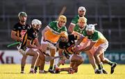 10 May 2025; Billy Ryan of Kilkenny is tackled by Offaly players, from left, Donal Shirley, Killian Sampson and Ross Ravenhill during the Leinster GAA Hurling Senior Championship Round 3 match between Kilkenny and Offaly at UPMC Nowlan Park in Kilkenny. Photo by Ben McShane/Sportsfile