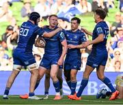 10 May 2025; Ciarán Frawley of Leinster celebrates with teammates James Culhane, Luke McGrath and Jordie Barrett after scoring their side's 10th try during the United Rugby Championship match between Leinster and Zebre Parma at the Aviva Stadium in Dublin. Photo by Brendan Moran/Sportsfile