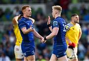10 May 2025; Jamie Osborne of Leinster, right, celebrates with teammate Ciarán Frawley after scoring their side's 12th try during the United Rugby Championship match between Leinster and Zebre Parma at the Aviva Stadium in Dublin. Photo by Seb Daly/Sportsfile