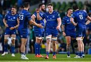 10 May 2025; Diarmuid Mangan of Leinster, centre, celebrates with teammate Robbie Henshaw, 23, after their side's victory in during the United Rugby Championship match between Leinster and Zebre Parma at the Aviva Stadium in Dublin. Photo by Seb Daly/Sportsfile