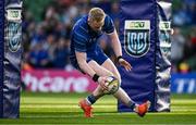 10 May 2025; Jamie Osborne of Leinster scores his side's 12th try during the United Rugby Championship match between Leinster and Zebre Parma at the Aviva Stadium in Dublin. Photo by Seb Daly/Sportsfile