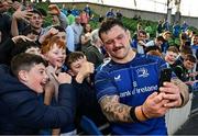 10 May 2025; Andrew Porter of Leinster takes a selfie with supporters after the United Rugby Championship match between Leinster and Zebre Parma at the Aviva Stadium in Dublin. Photo by Seb Daly/Sportsfile