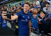10 May 2025; Jordie Barrett of Leinster takes a selfie with supporters after the United Rugby Championship match between Leinster and Zebre Parma at the Aviva Stadium in Dublin. Photo by Seb Daly/Sportsfile