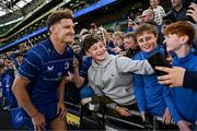 10 May 2025; Jordie Barrett of Leinster takes a selfie with supporters after the United Rugby Championship match between Leinster and Zebre Parma at the Aviva Stadium in Dublin. Photo by Seb Daly/Sportsfile