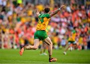 10 May 2025; Hugh McFadden of Donegal celebrates after scoring his side's first goal during the Ulster GAA Football Senior Championship final match between Armagh and Donegal at St Tiernach's Park in Clones, Monaghan. Photo by David Fitzgerald/Sportsfile