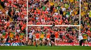 10 May 2025; Ryan McHugh of Donegal celebrates his side's first goal, scored by Hugh McFadden, during the Ulster GAA Football Senior Championship final match between Armagh and Donegal at St Tiernach's Park in Clones, Monaghan. Photo by Ramsey Cardy/Sportsfile