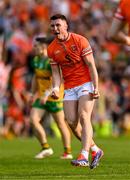 10 May 2025; Oisin Conaty of Armagh celebrates kicking a point during the Ulster GAA Football Senior Championship final match between Armagh and Donegal at St Tiernach's Park in Clones, Monaghan. Photo by Ramsey Cardy/Sportsfile